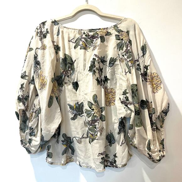 Anthropologie Dil 100% sheer silk peasant top Sz 10 ivory birds boho bohemian - Picture 2 of 8